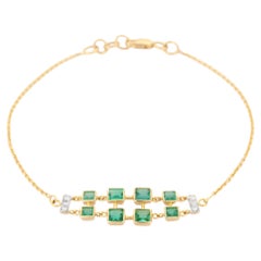 Used Distinctive Square Cut Emerald and Diamond Bracelet Studded in 18K Yellow Gold