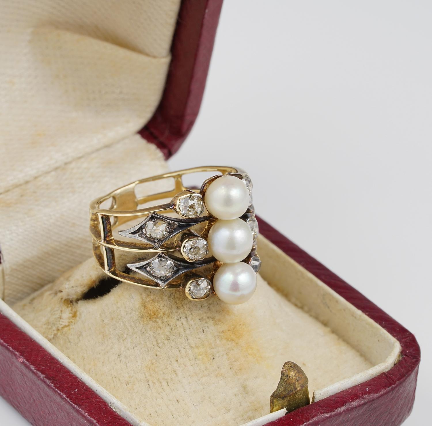 Women's Distinctive Victorian 1.0 Carat Old Mine Diamond Natural Pearl Trilogy Rare Ring For Sale