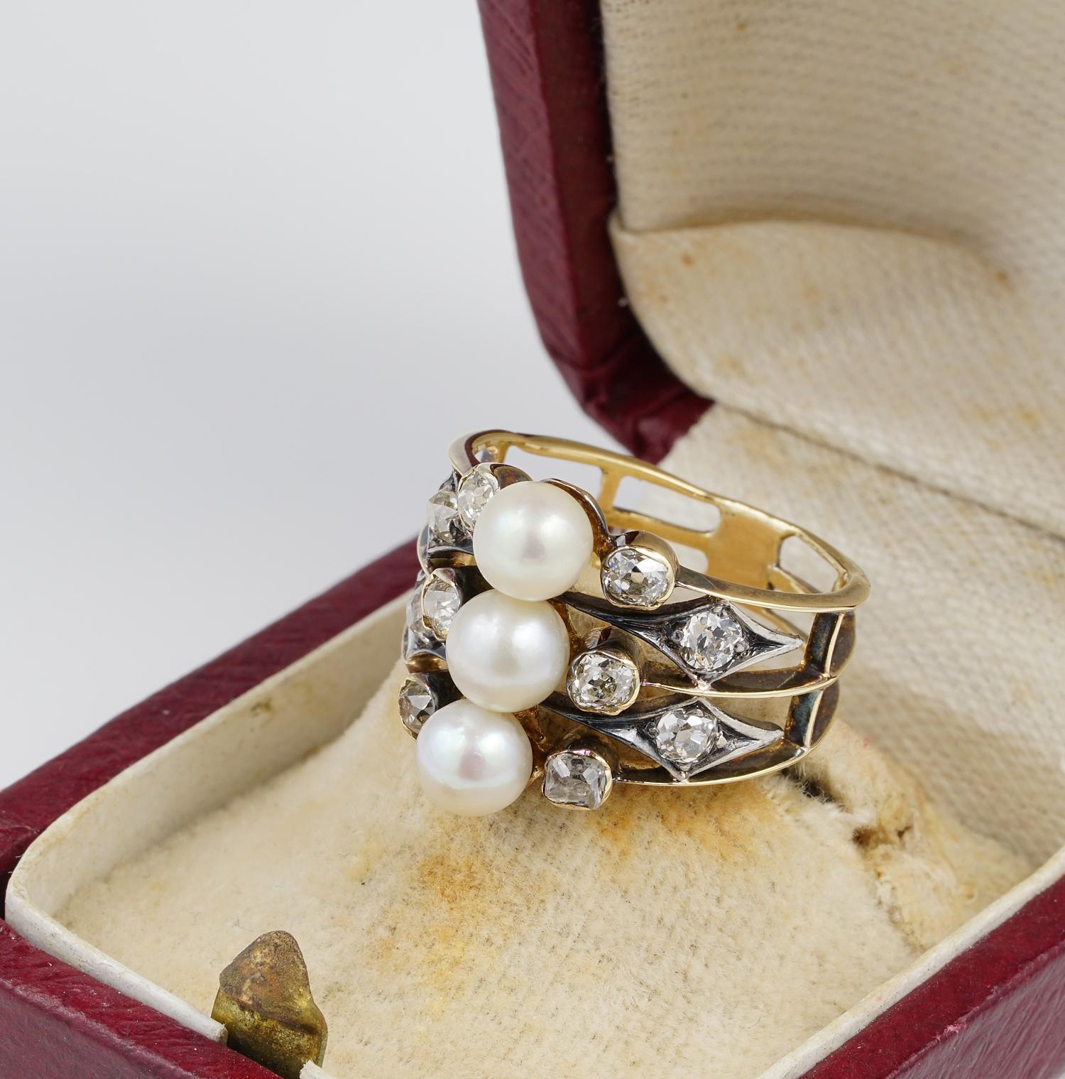 Distinctive Victorian 1.0 Carat Old Mine Diamond Natural Pearl Trilogy Rare Ring For Sale 2