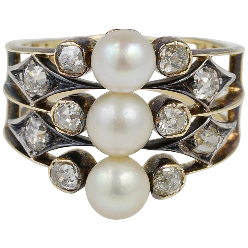 Distinctive Victorian 1.0 Carat Old Mine Diamond Natural Pearl Trilogy Rare Ring For Sale