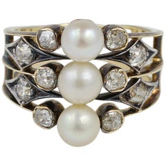 Distinctive Victorian 1.0 Carat Old Mine Diamond Natural Pearl Trilogy Rare Ring