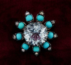 Distinctive Victorian 14.00 Carat Aquamarine Turquoise Diamond Flower Brooch