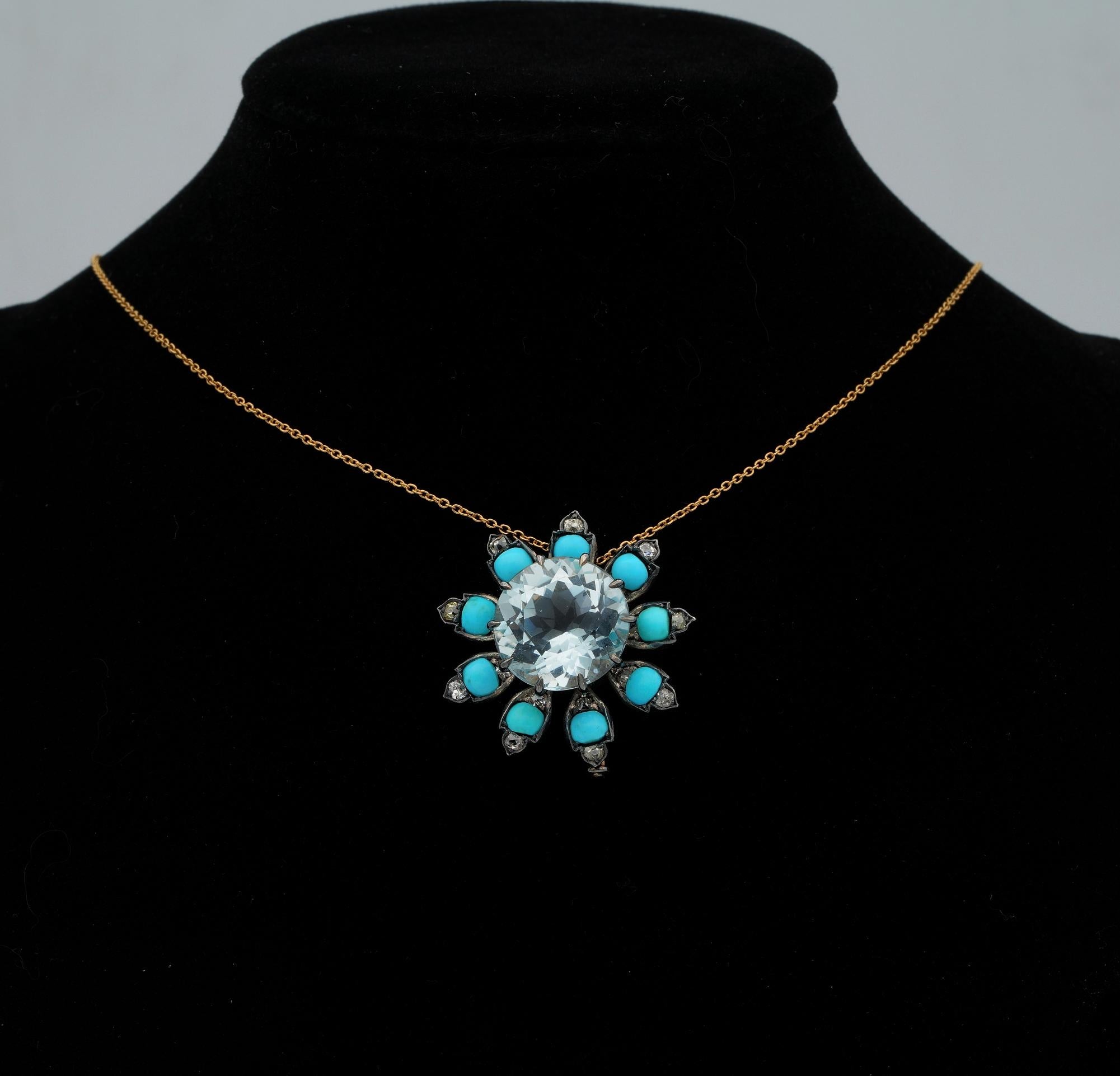 Round Cut Distinctive Victorian 14.00 Carat Aquamarine Turquoise Diamond Flower Brooch For Sale