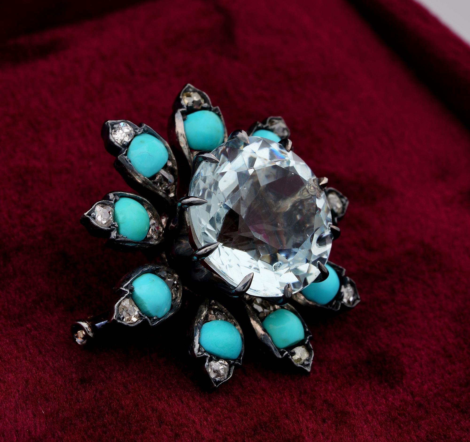 Women's or Men's Distinctive Victorian 14.00 Carat Aquamarine Turquoise Diamond Flower Brooch For Sale