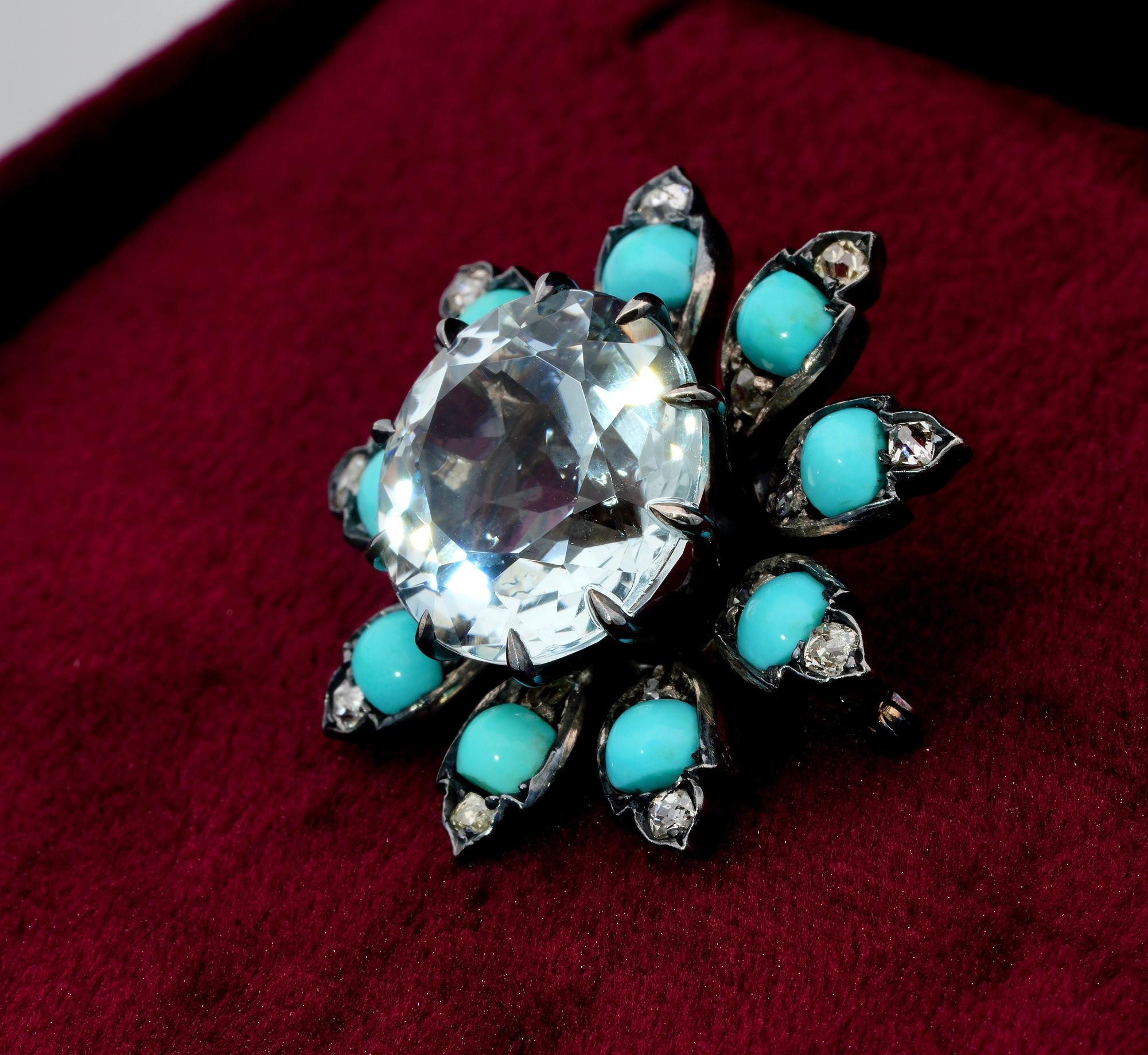 Distinctive Victorian 14.00 Carat Aquamarine Turquoise Diamond Flower Brooch For Sale 2