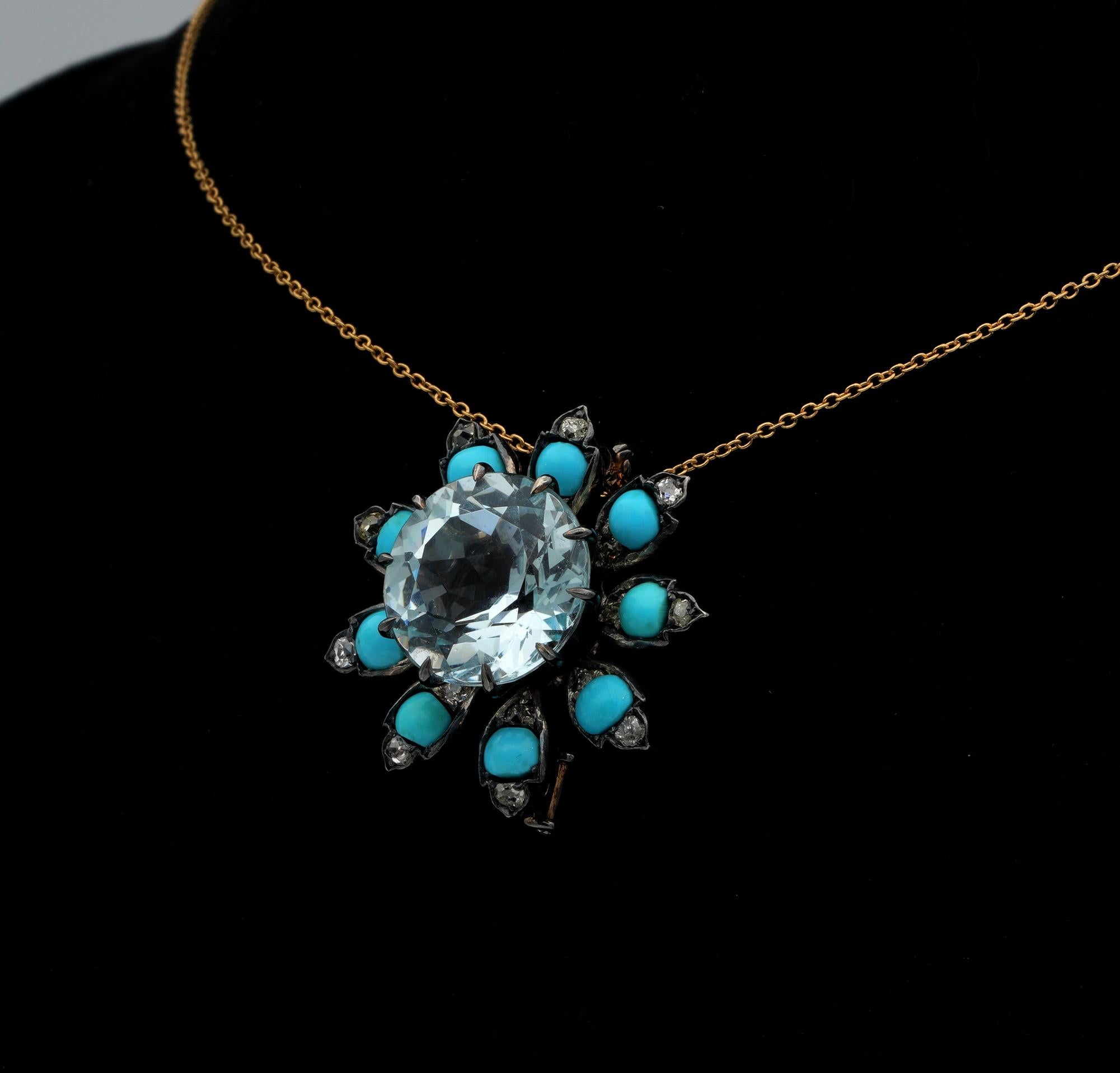 Distinctive Victorian 14.00 Carat Aquamarine Turquoise Diamond Flower Brooch For Sale 3