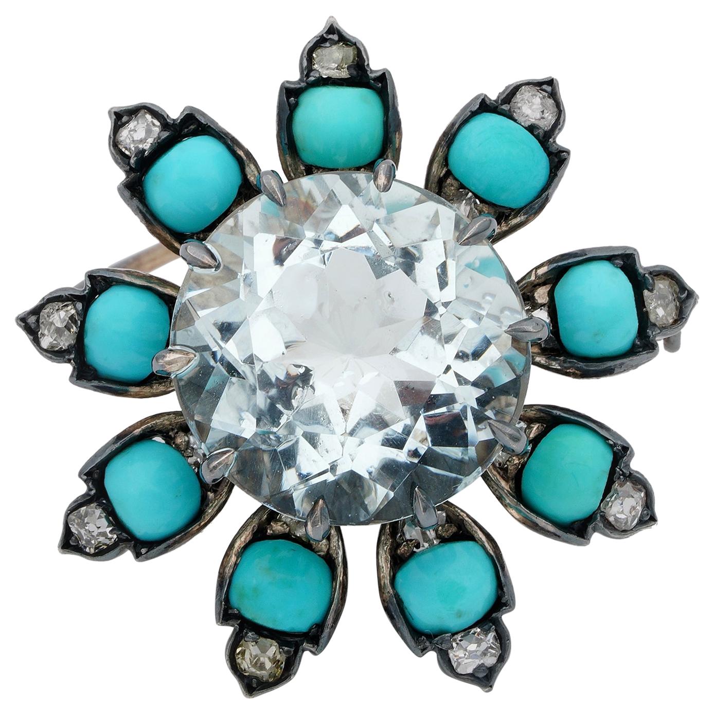 Distinctive Victorian 14.00 Carat Aquamarine Turquoise Diamond Flower Brooch For Sale