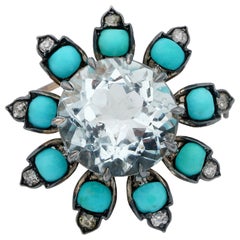 Distinctive Victorian 14.00 Carat Aquamarine Turquoise Diamond Flower Brooch