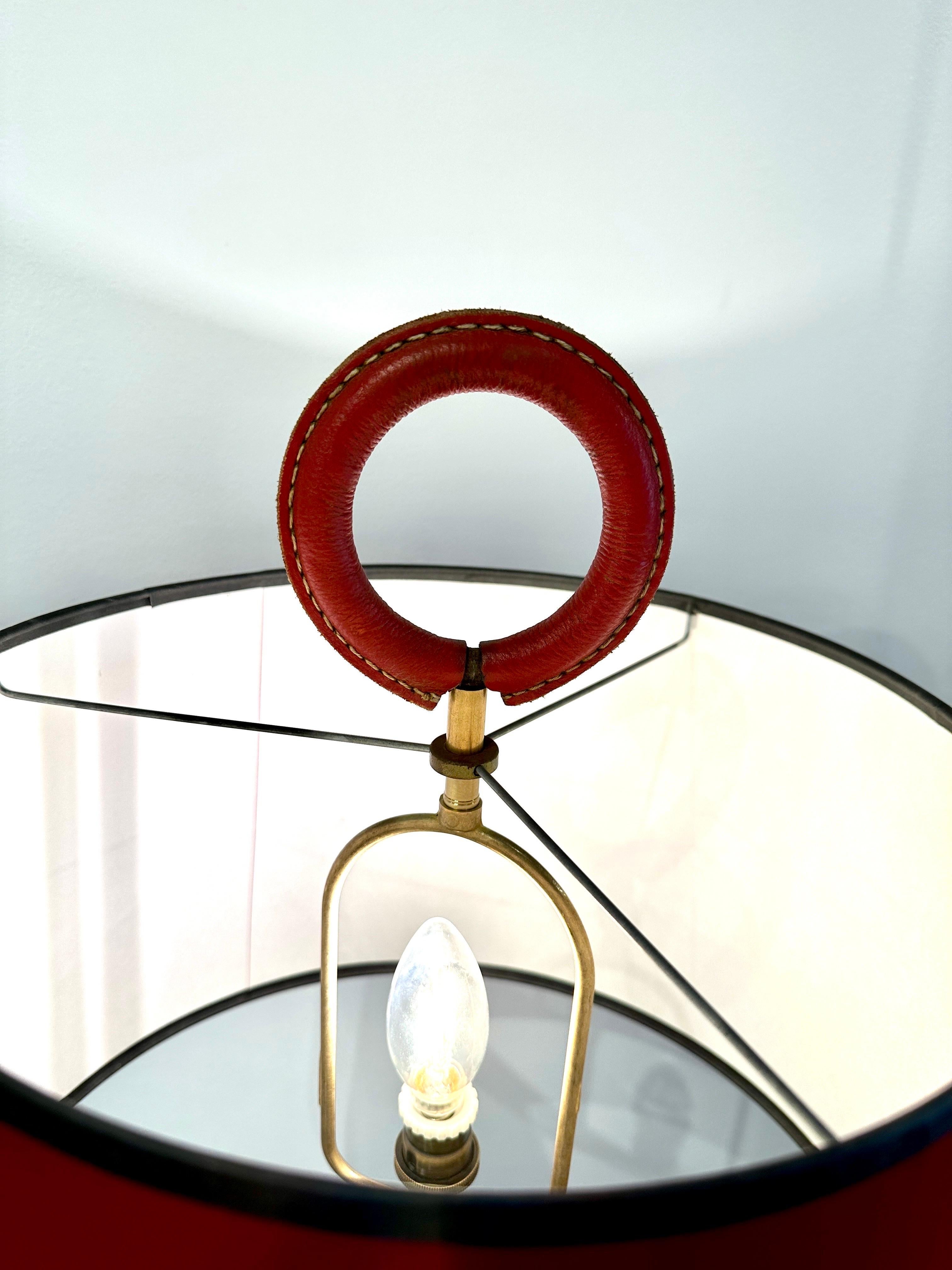 Distinctive Vintage Jacques Adnet style Red Stitched Leather Tall Table Lamp For Sale 2