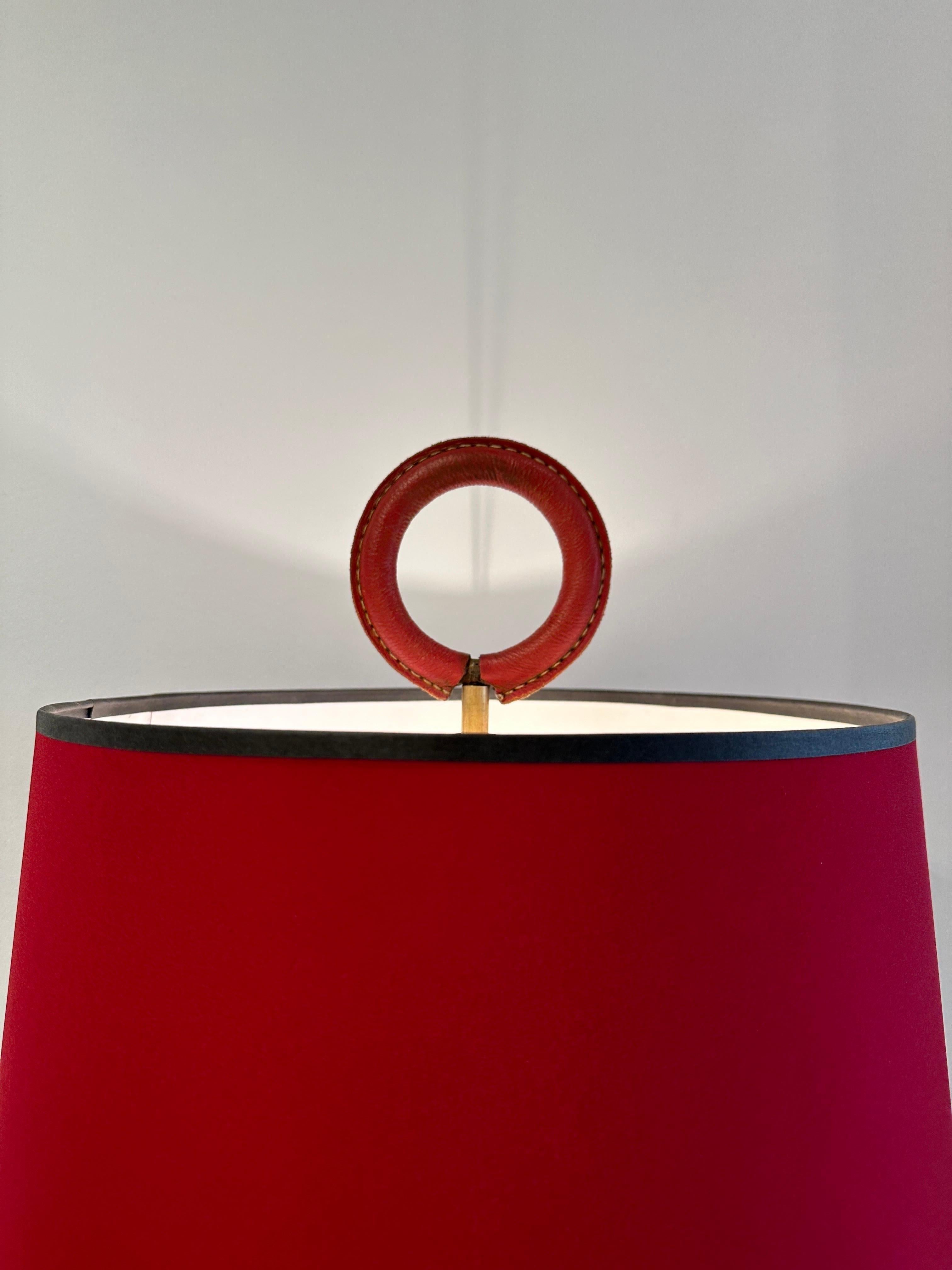 French Distinctive Vintage Jacques Adnet style Red Stitched Leather Tall Table Lamp For Sale