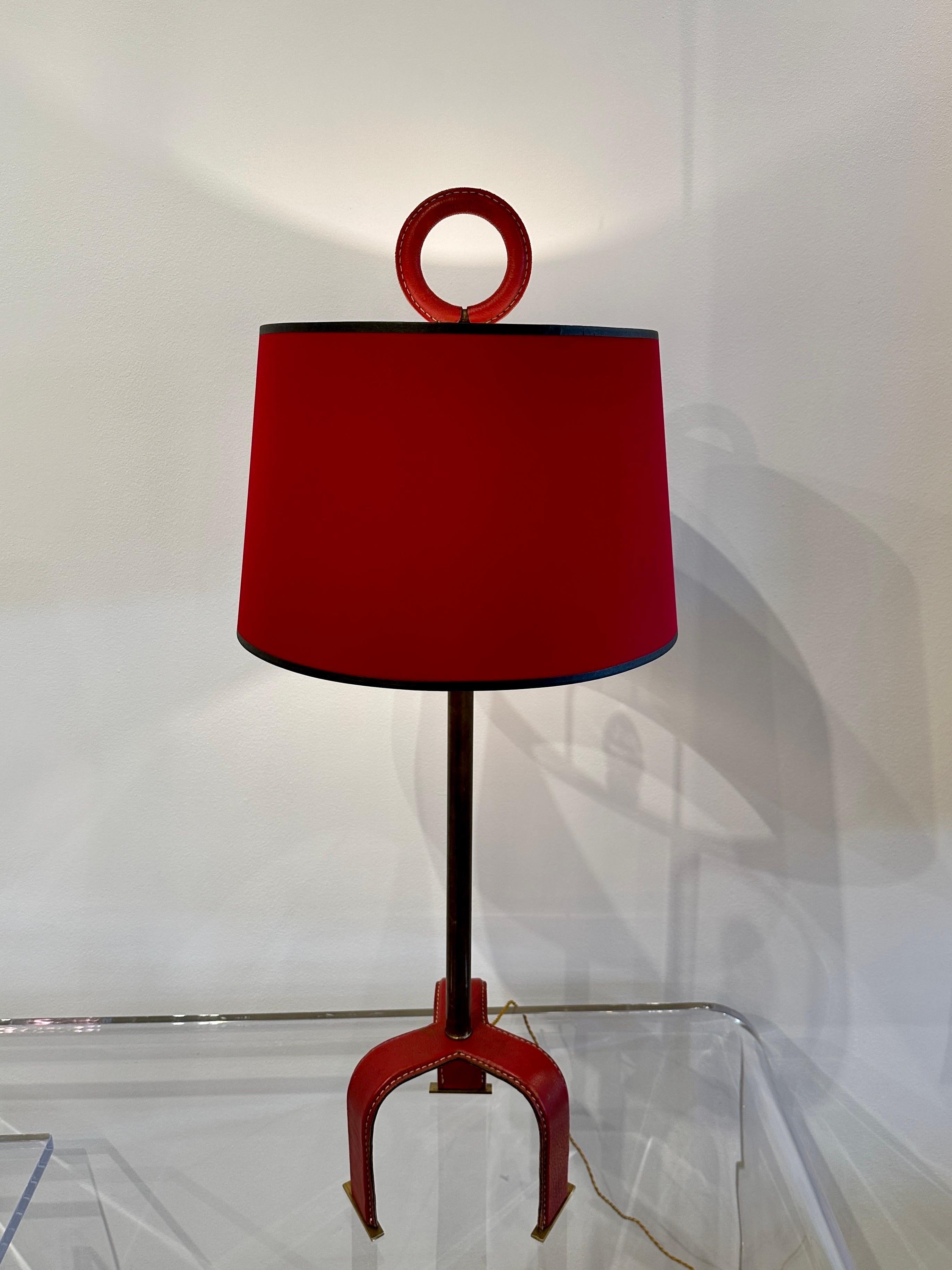 Distinctive Vintage Jacques Adnet style Red Stitched Leather Tall Table Lamp In Good Condition For Sale In East Hampton, NY