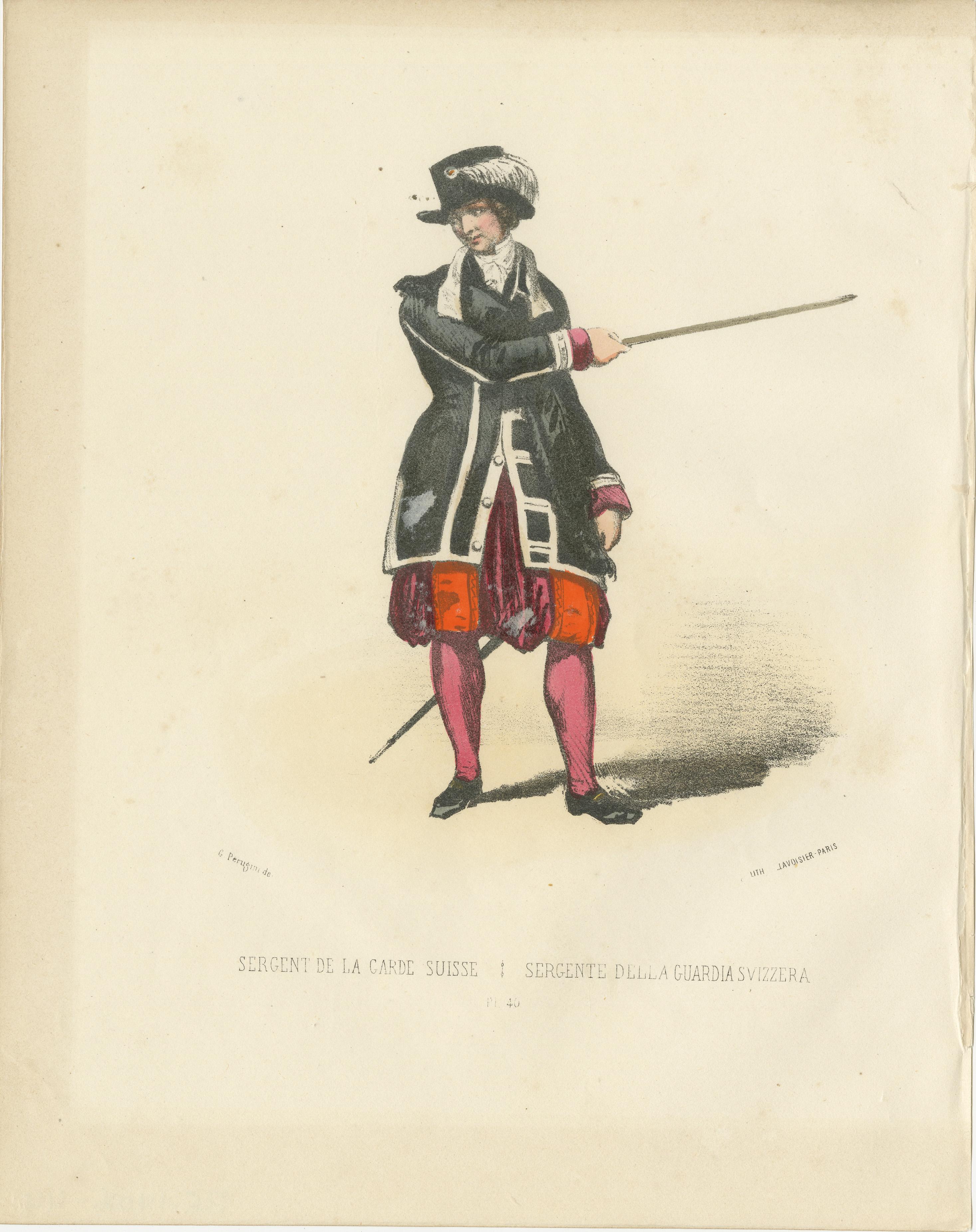 Distinguished Duty: Handcolored Print of a Swiss Guard Sergeant, Plate 40, 1862  
 
This striking handcolored lithograph, Distinguished Duty, is Plate 40 from the 1862 second edition of Album ou Collection Complète, et Historique des Costumes de la