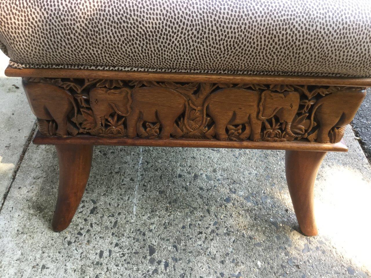 Tribal Distinguished Vintage Carved Wooden Bench with Animal Print Leather Upholstery