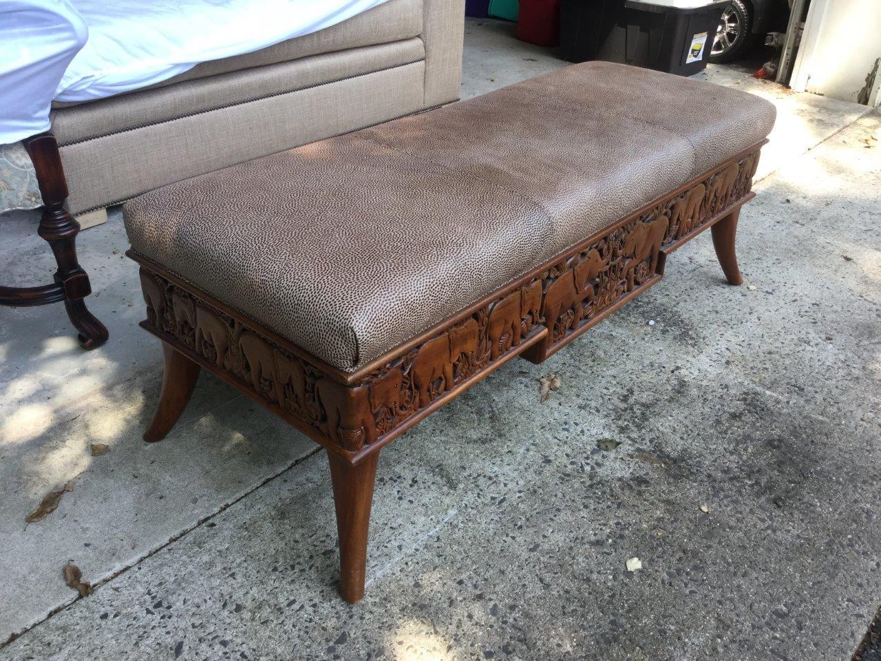 Indonesian Distinguished Vintage Carved Wooden Bench with Animal Print Leather Upholstery