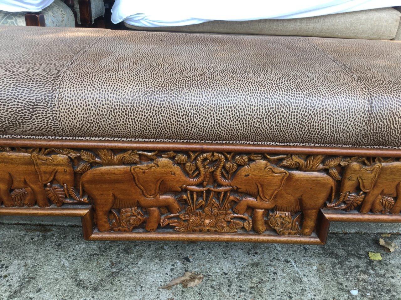 Late 20th Century Distinguished Vintage Carved Wooden Bench with Animal Print Leather Upholstery