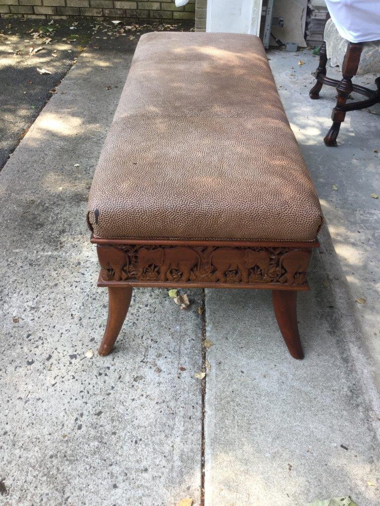 Distinguished Vintage Carved Wooden Bench with Animal Print Leather Upholstery 1