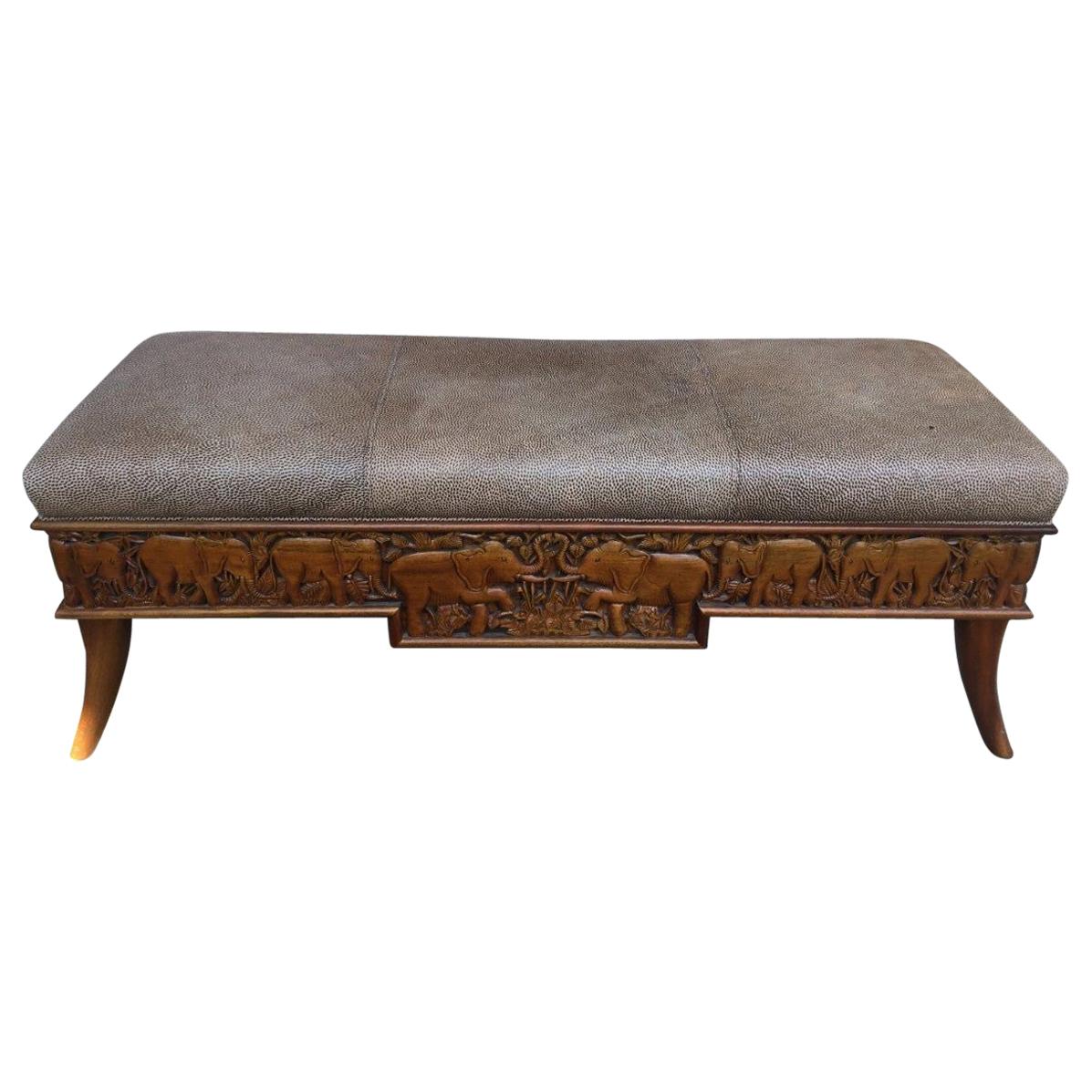 Distinguished Vintage Carved Wooden Bench with Animal Print Leather Upholstery