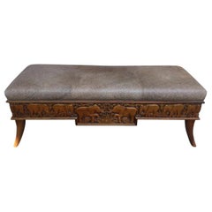Distinguished Vintage Carved Wooden Bench with Animal Print Leather Upholstery