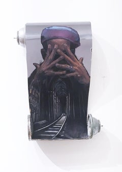 Phase 2 by street artist DISTORT, spray can scroll etching with enamel portrait