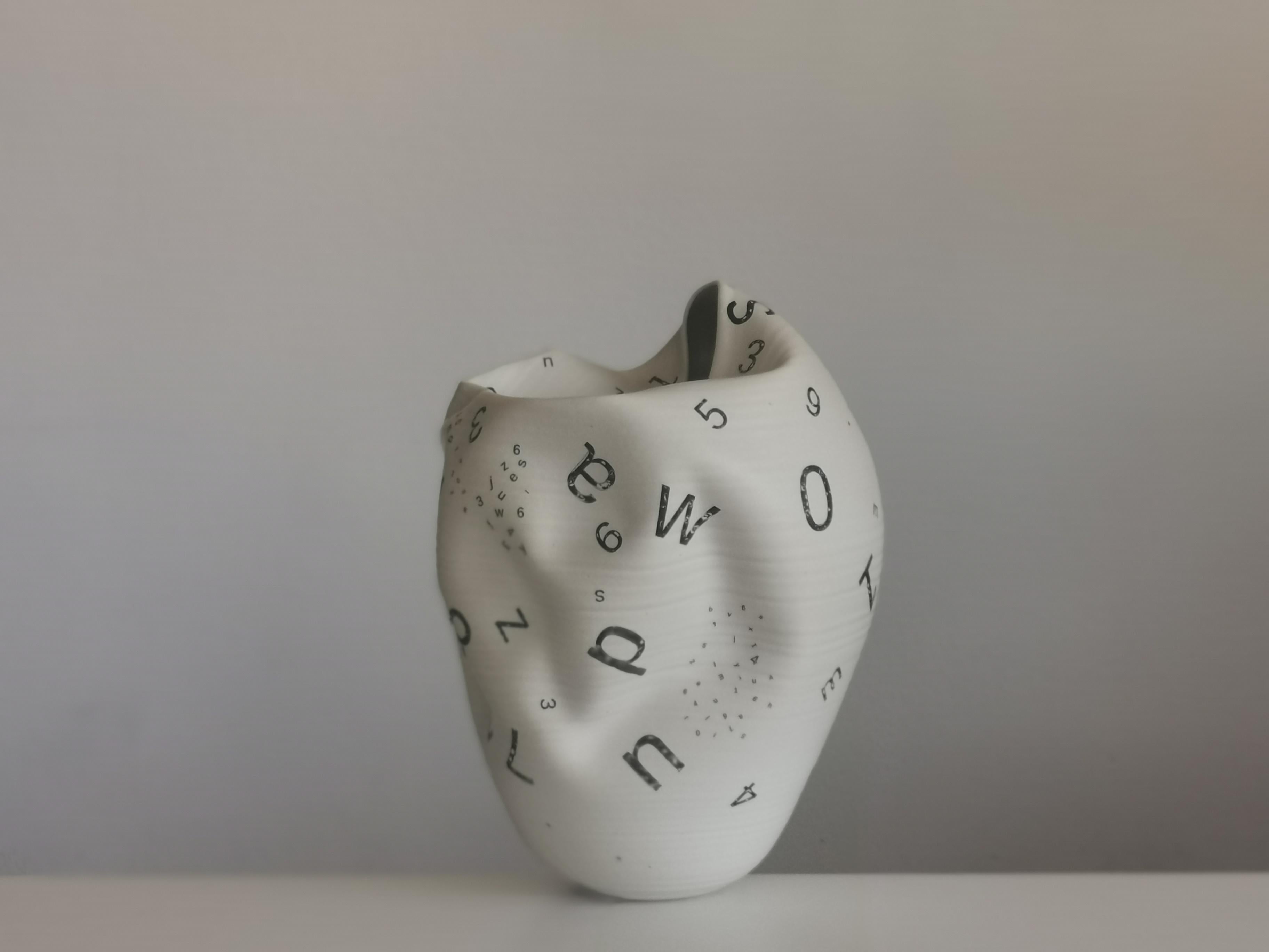 Organic Modern Distorted Form Letters and Numbers N.82, White Clay Ceramic Sculpture, Vessel For Sale