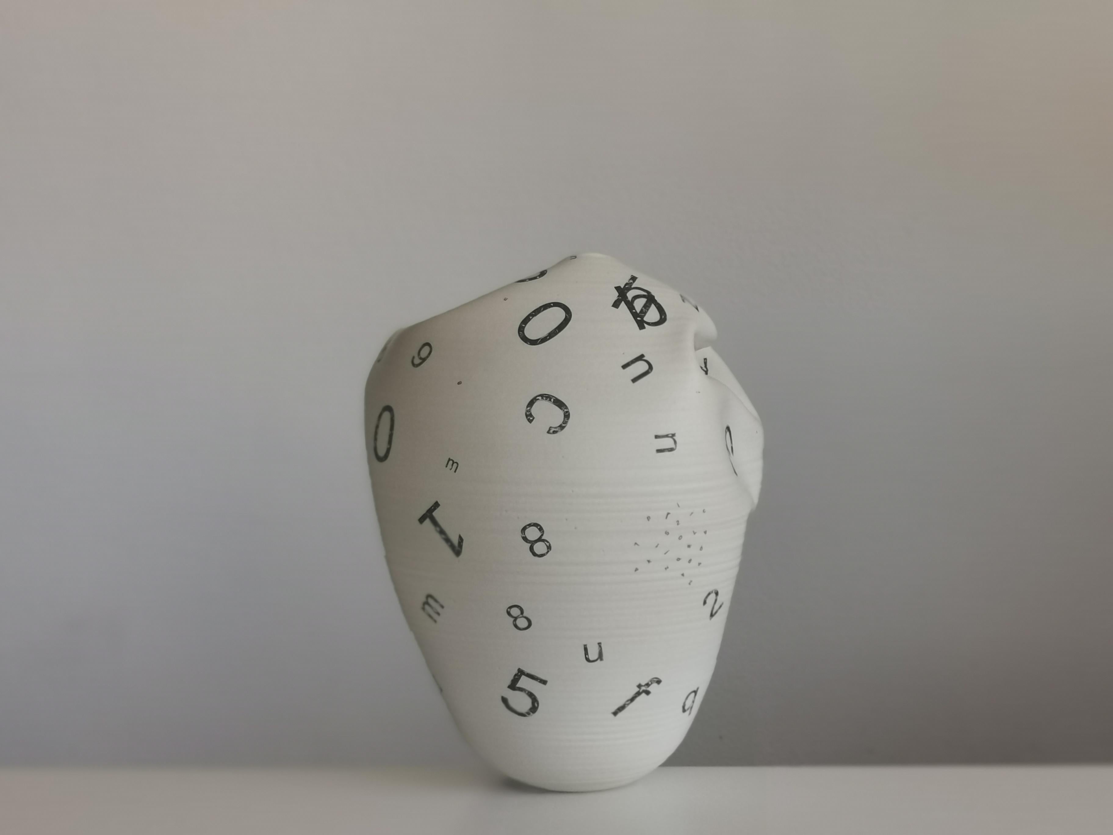 Distorted Form Letters and Numbers N.82, White Clay Ceramic Sculpture, Vessel In New Condition For Sale In London, GB