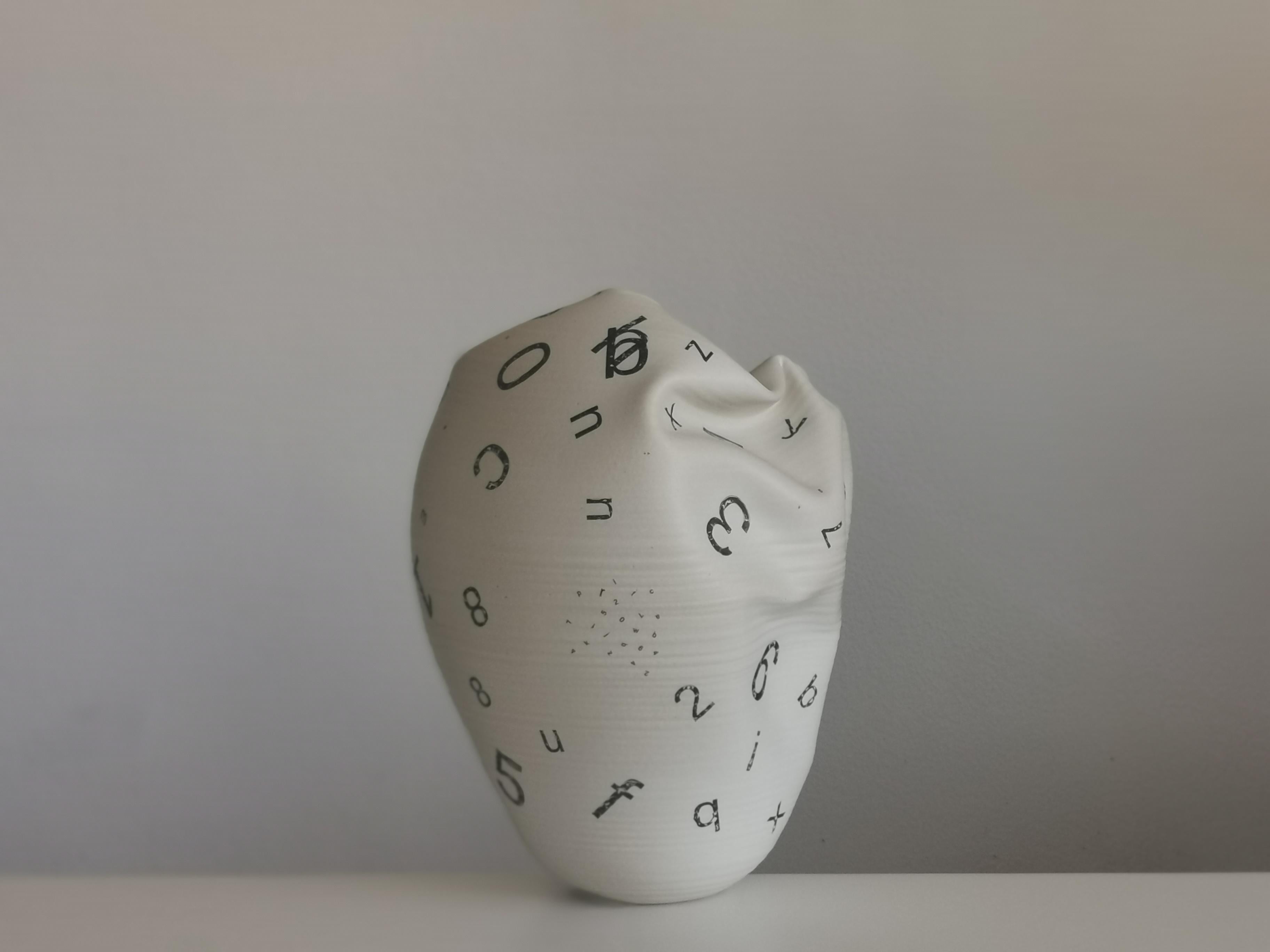 Contemporary Distorted Form Letters and Numbers N.82, White Clay Ceramic Sculpture, Vessel For Sale