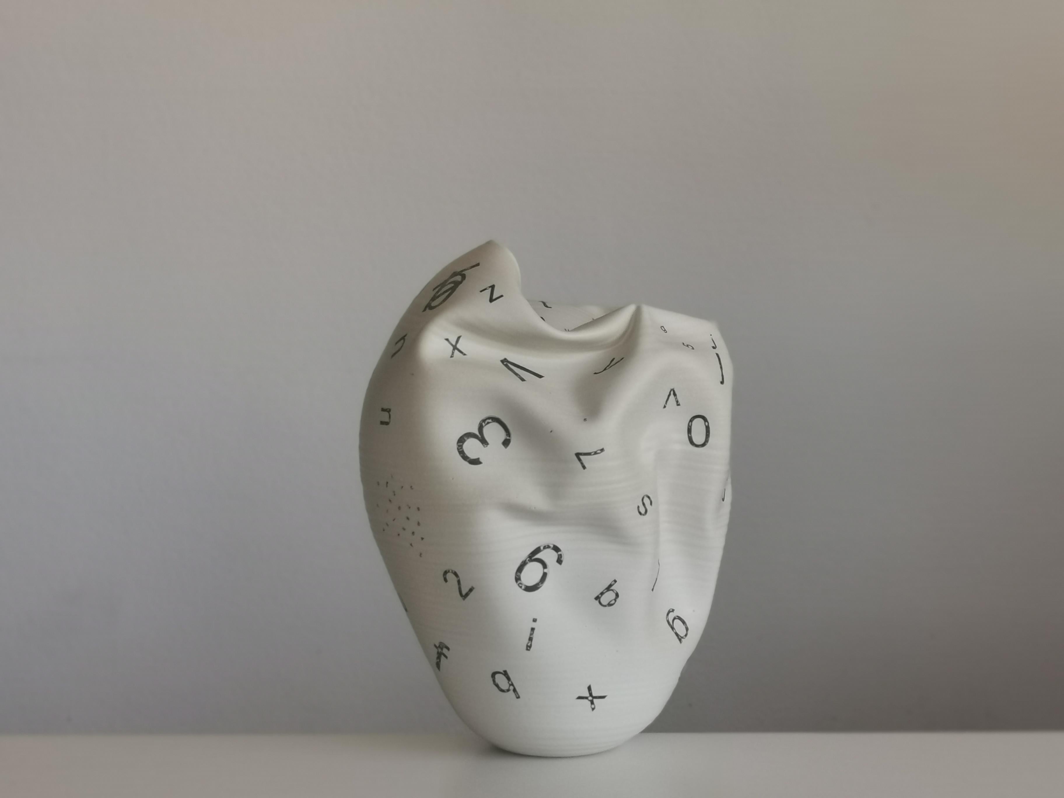 Distorted Form Letters and Numbers N.82, White Clay Ceramic Sculpture, Vessel For Sale 1