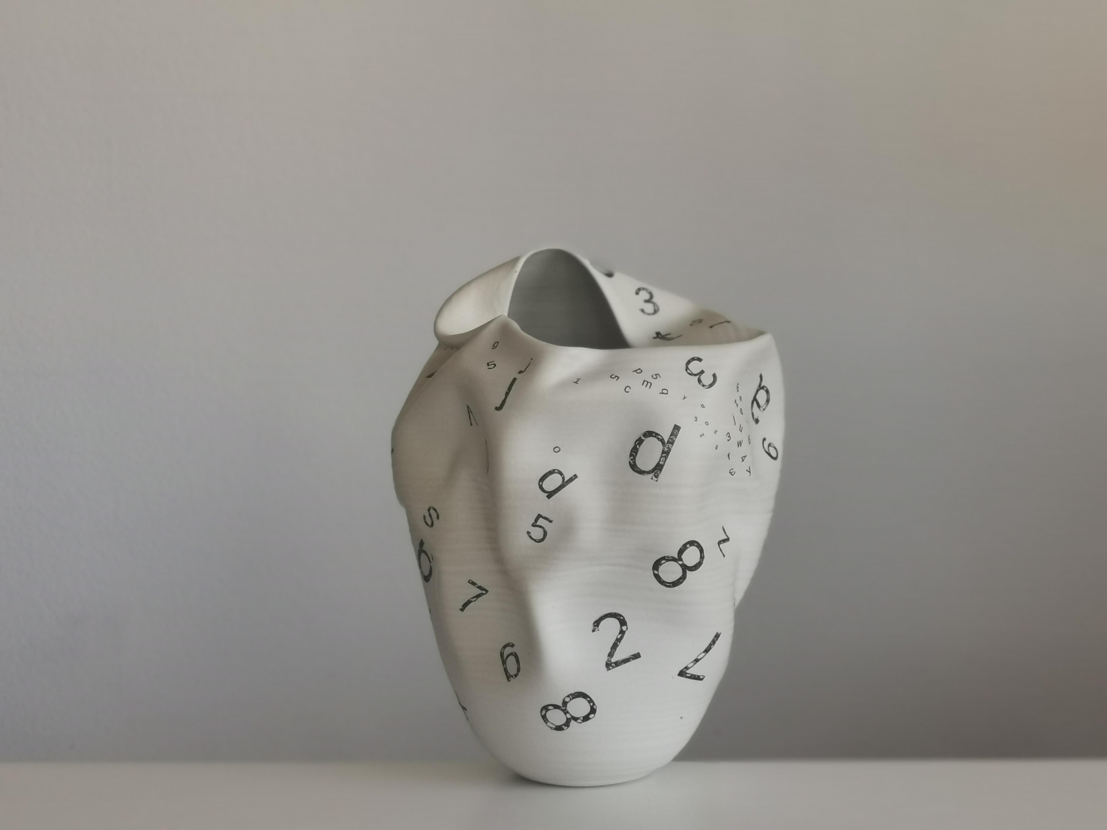 Distorted Form Letters and Numbers N.82, White Clay Ceramic Sculpture, Vessel For Sale 3