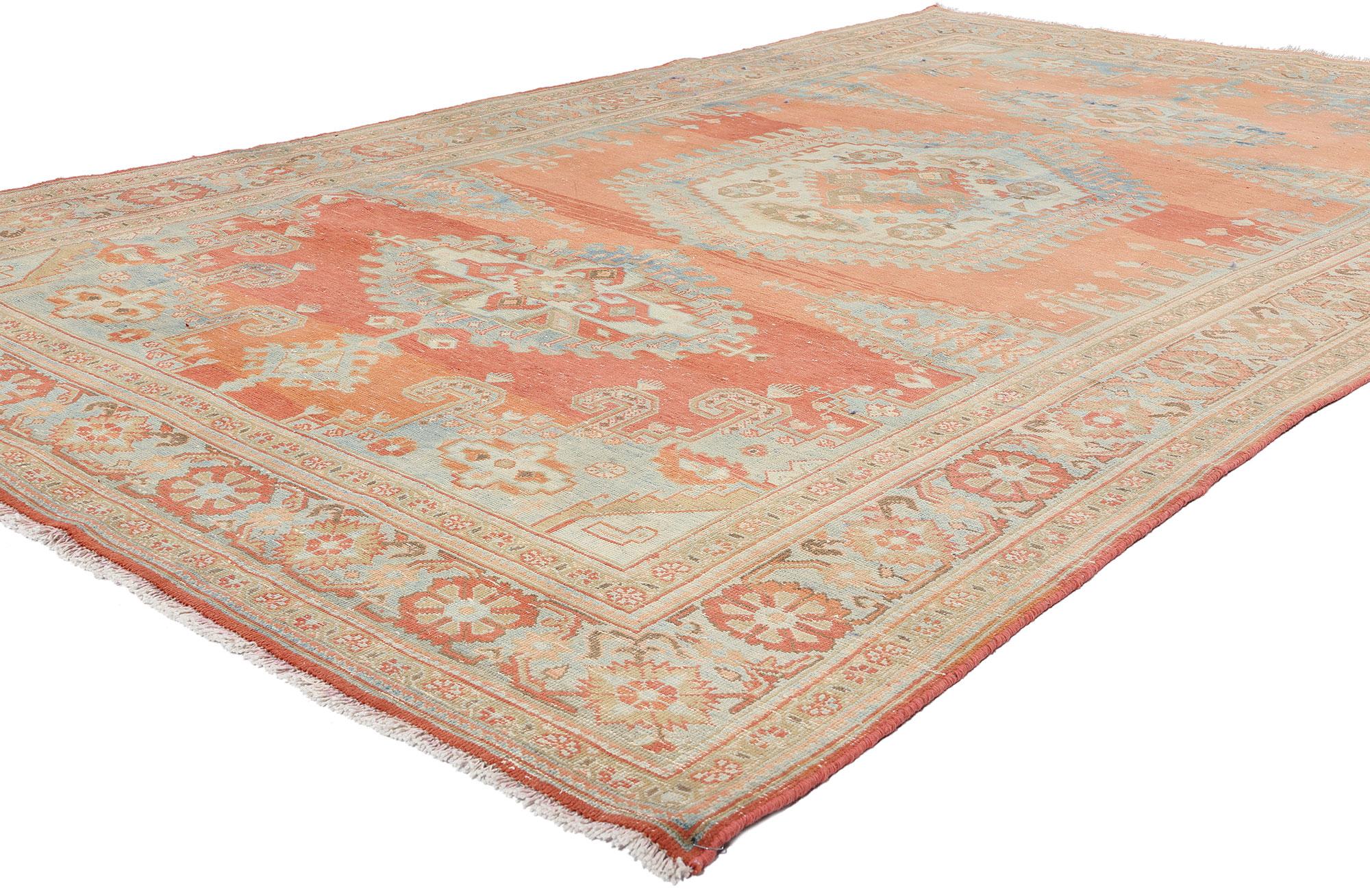61381 Distressed Vintage Persian Viss Rug, 06'08 x 11'00. This hand-knotted wool distressed vintage Persian Viss rug showcases the beauty and history of Persia's fine craftsmanship, with a richly striated tonal red field that exudes a sense of depth