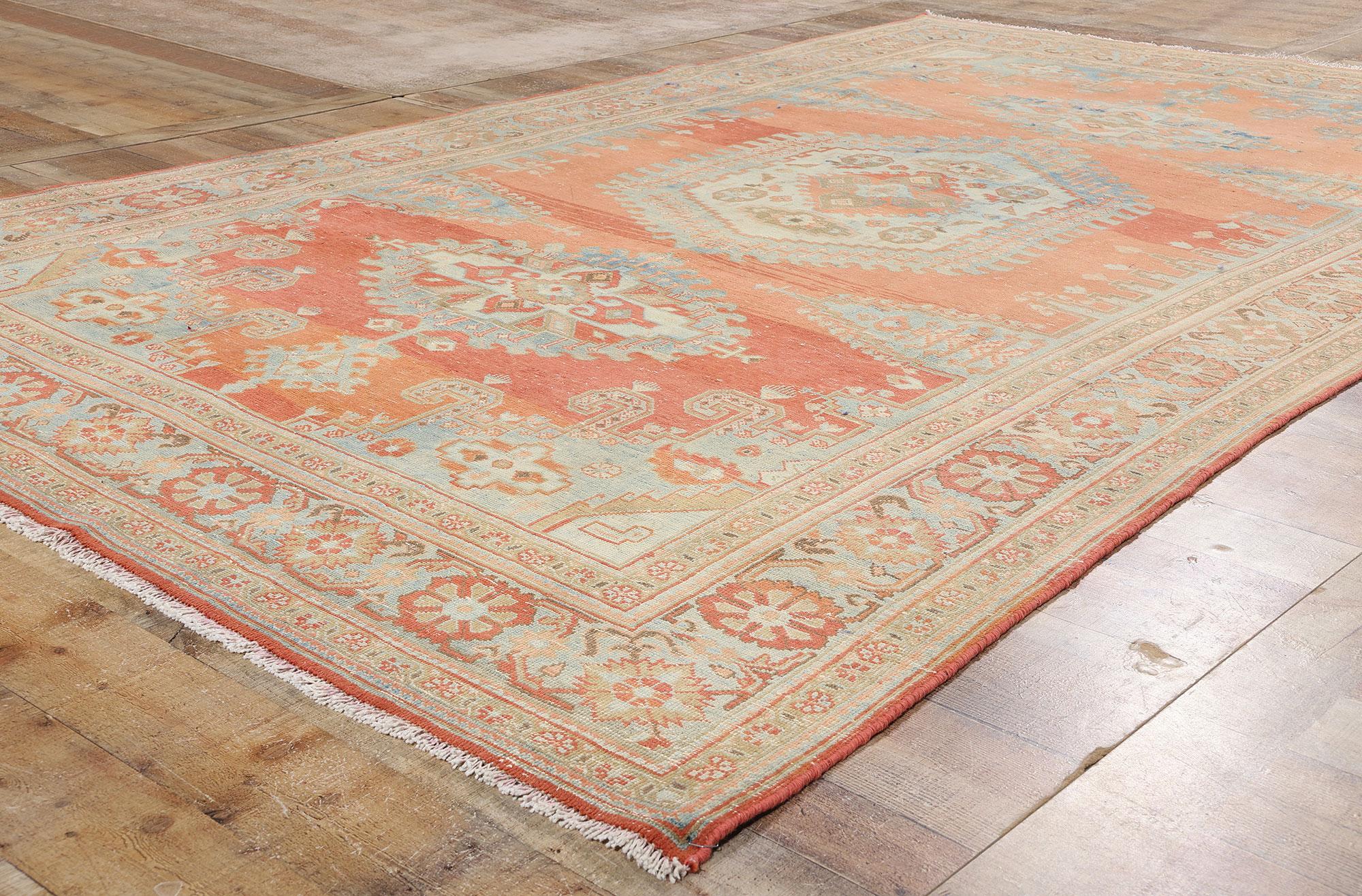 Spanish Colonial Distressed 1950's Persian Viss Carpet, Tribal Mystique Meets Laid-Back Luxury For Sale