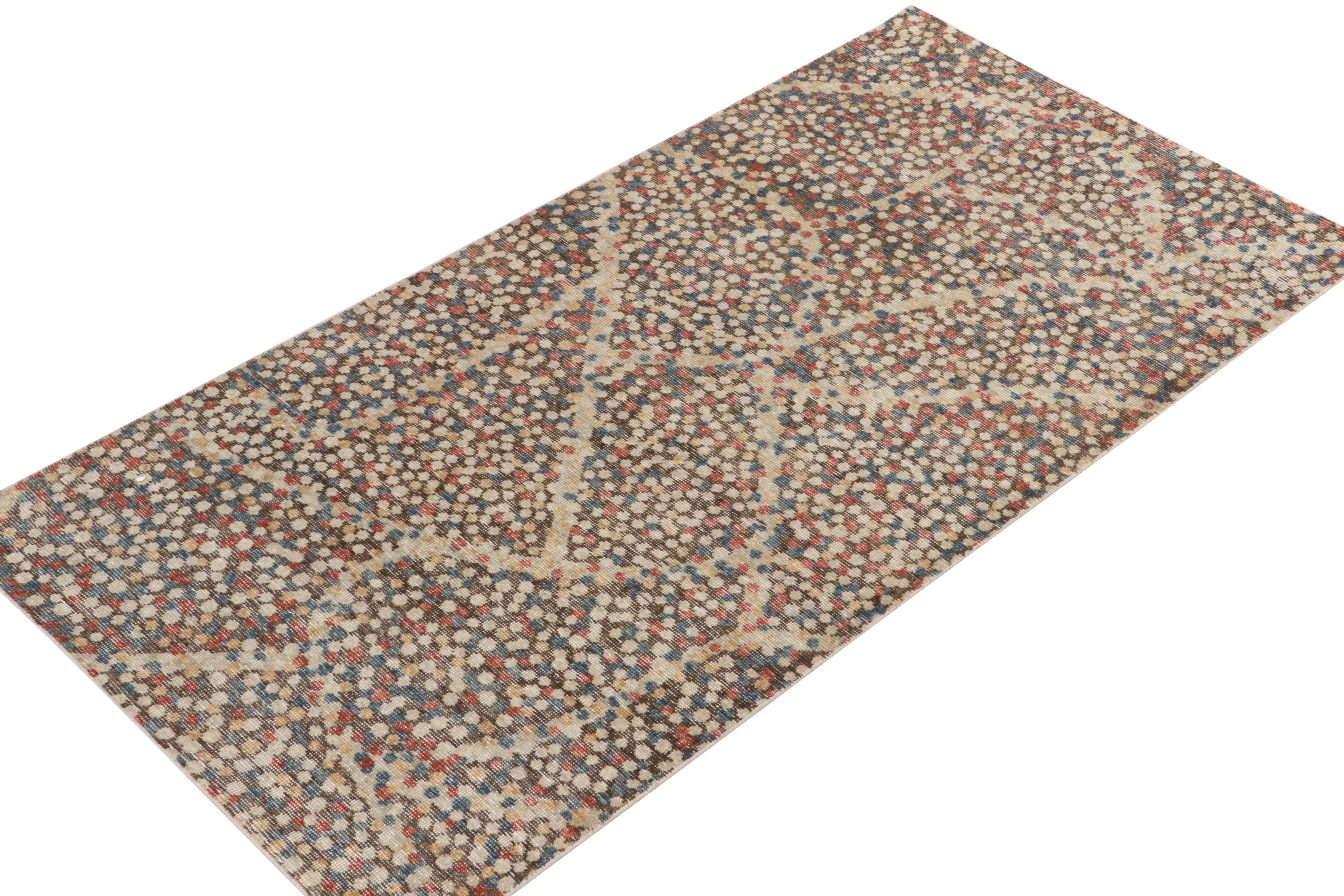 Modern Rug & Kilim's Distressed Abstract Rug in Brown, Red & Blue Dots Pattern For Sale