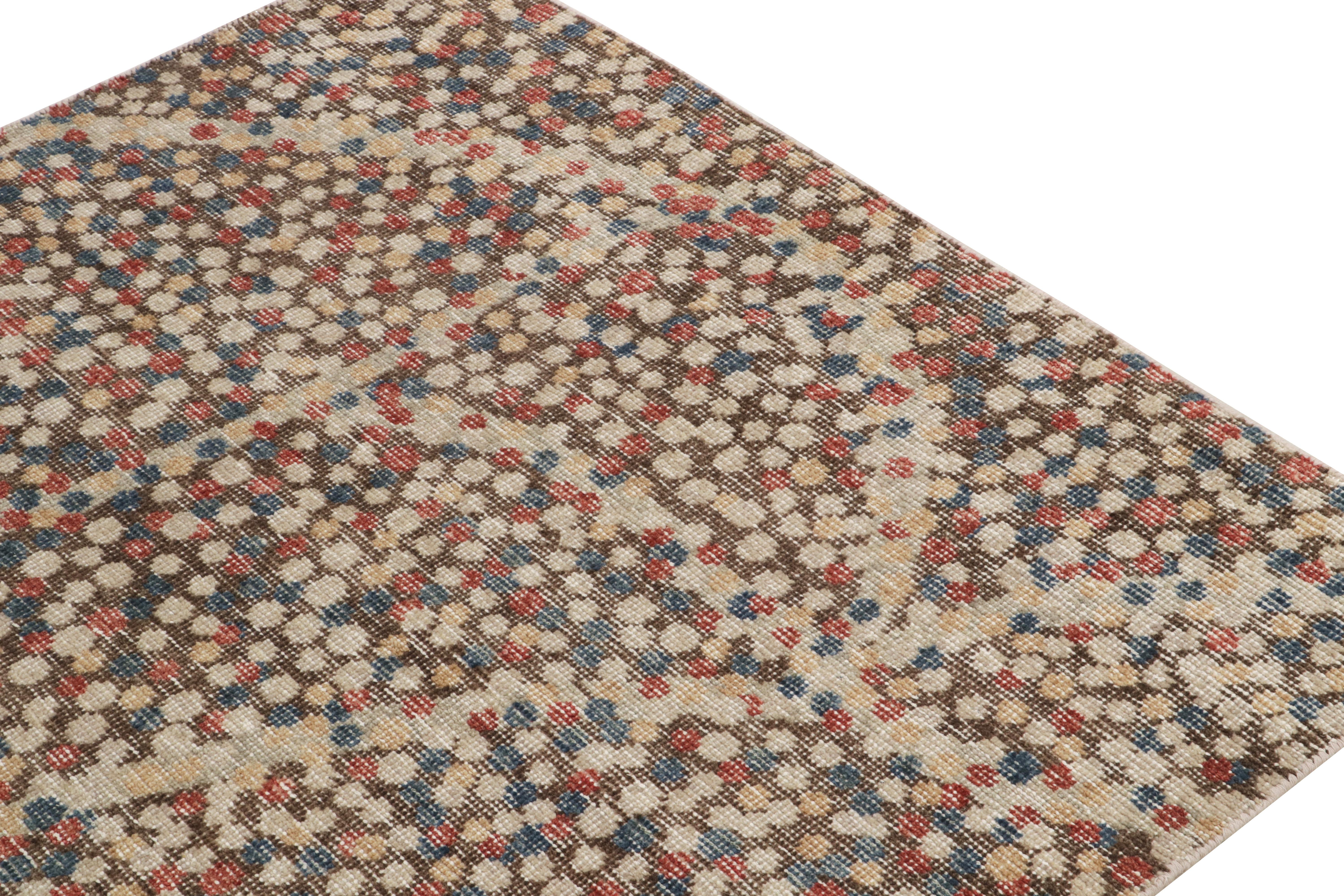 Indian Rug & Kilim's Distressed Abstract Rug in Brown, Red & Blue Dots Pattern For Sale