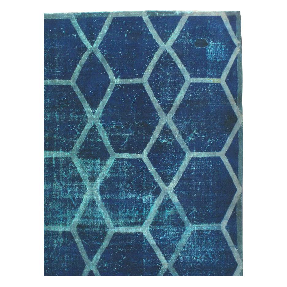 Modern Distressed and Overdyed Handmade Persian Large Room Size Honeycomb Rug For Sale