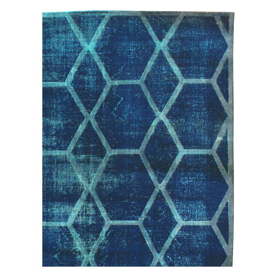 Hand-Knotted Distressed and Overdyed Handmade Persian Large Room Size Honeycomb Rug For Sale