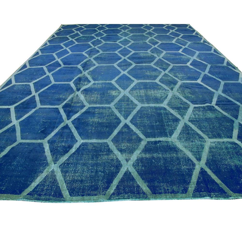 Distressed and Overdyed Handmade Persian Large Room Size Honeycomb Rug In Distressed Condition For Sale In New York, NY