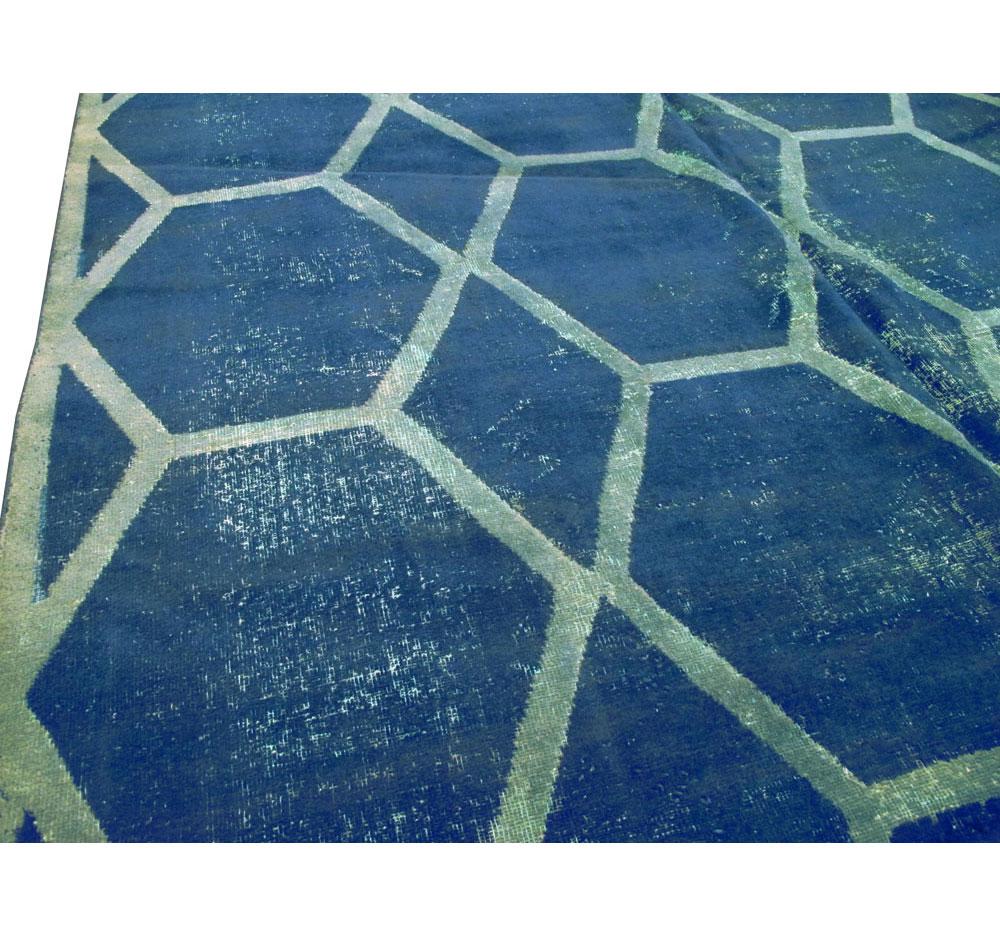 Contemporary Distressed and Overdyed Handmade Persian Large Room Size Honeycomb Rug For Sale