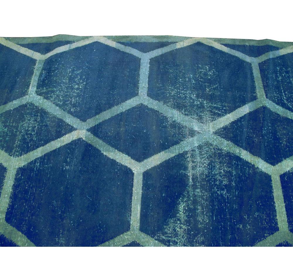 Distressed and Overdyed Handmade Persian Large Room Size Honeycomb Rug For Sale 1