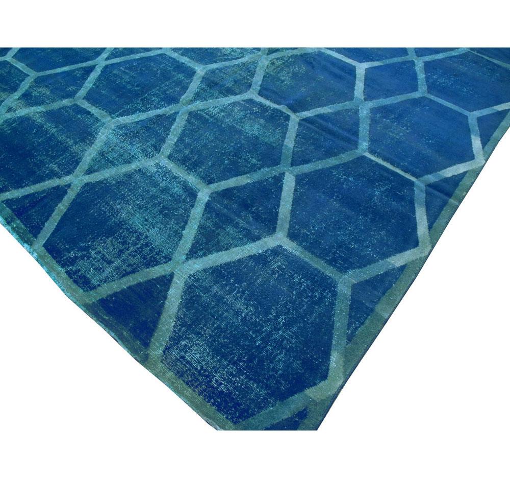 Distressed and Overdyed Handmade Persian Large Room Size Honeycomb Rug For Sale 2