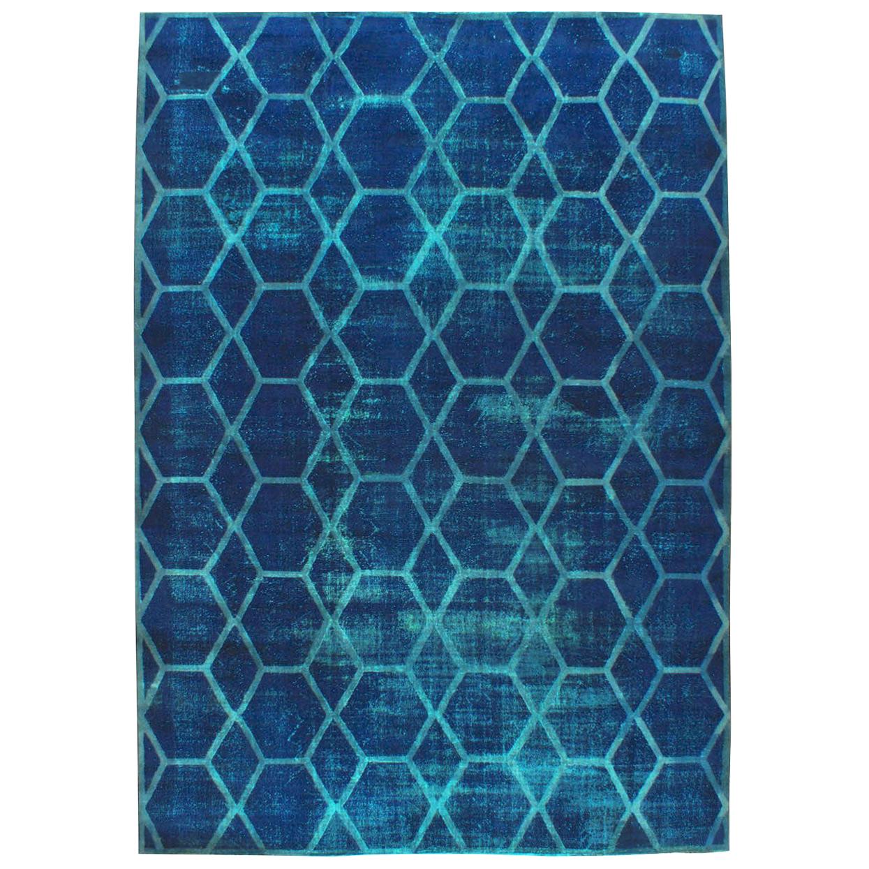 Distressed and Overdyed Handmade Persian Large Room Size Honeycomb Rug