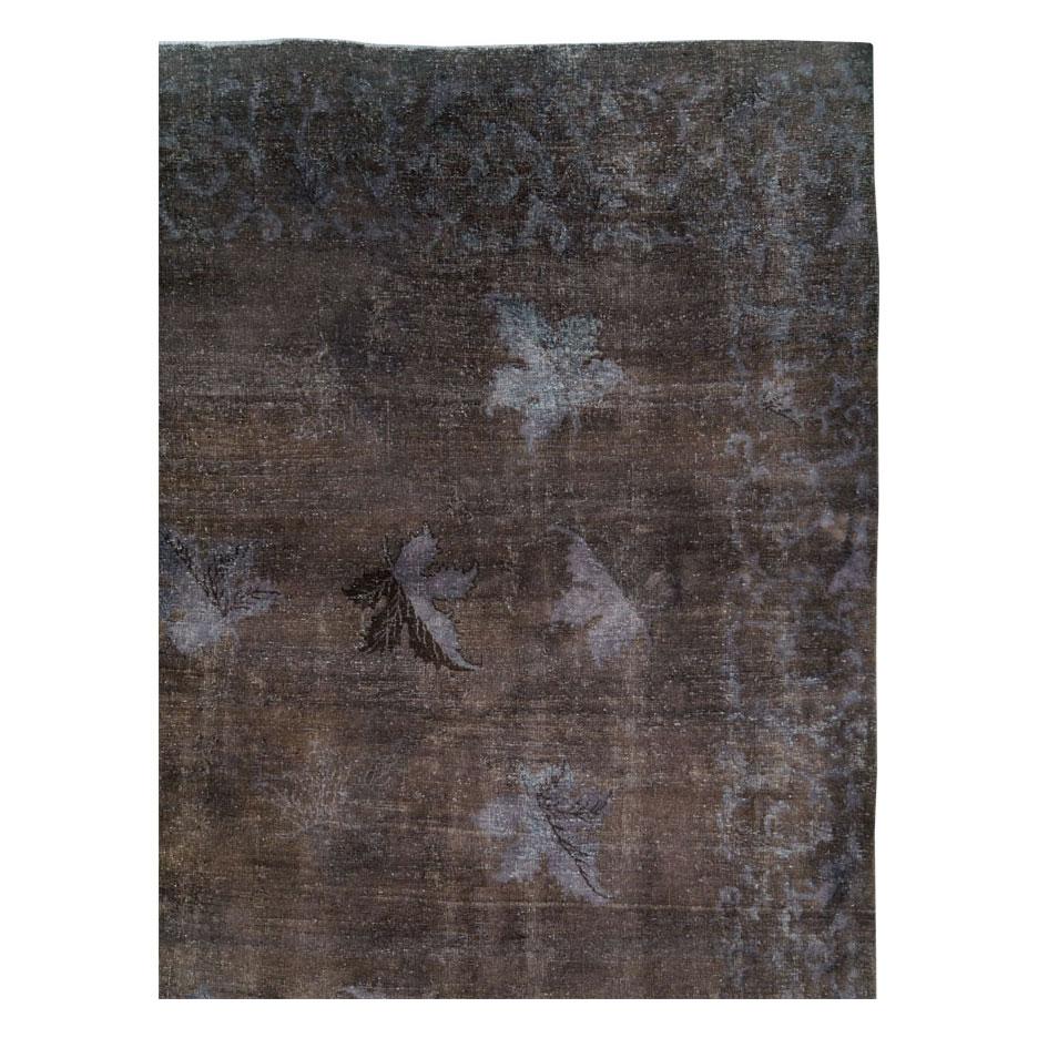 Modern Distressed and Overdyed Handmade Persian Mashad Rug in Charcoal For Sale