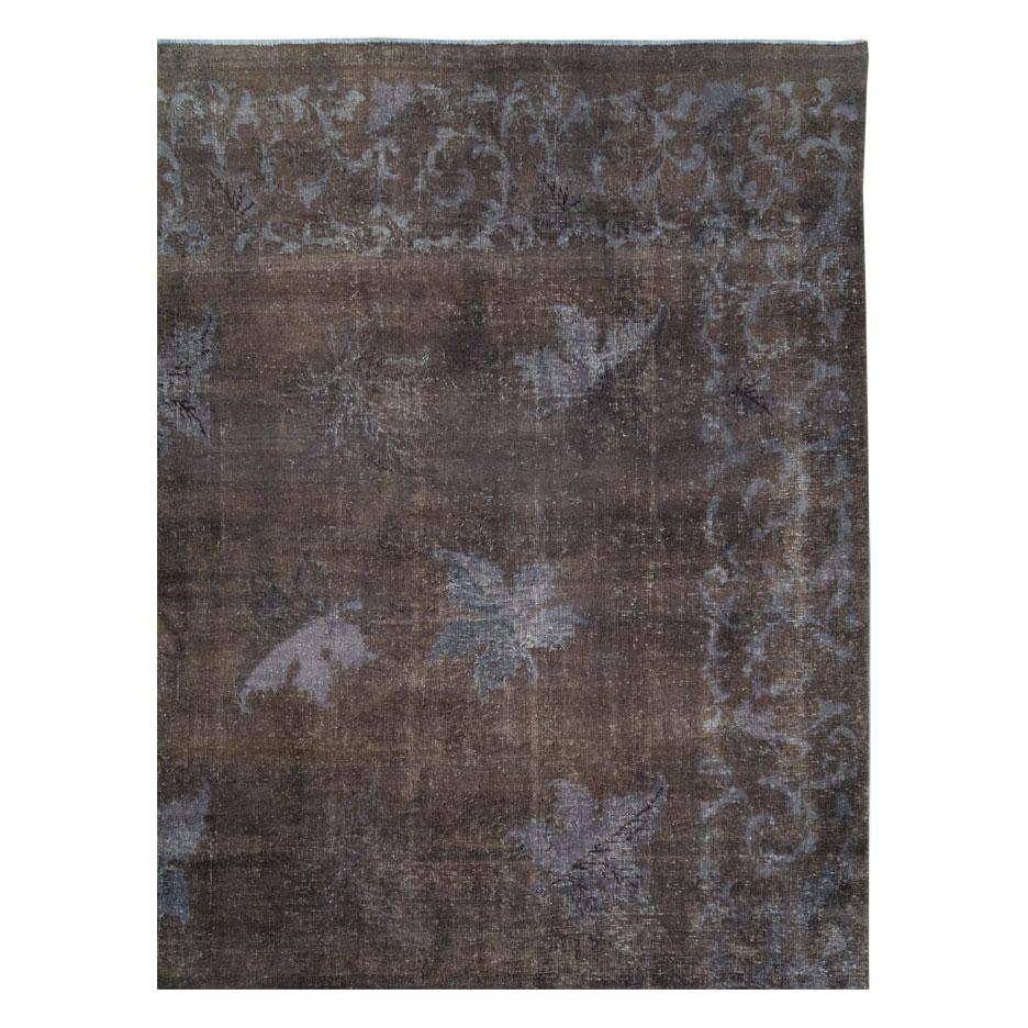 Hand-Knotted Distressed and Overdyed Handmade Persian Mashad Rug in Charcoal For Sale