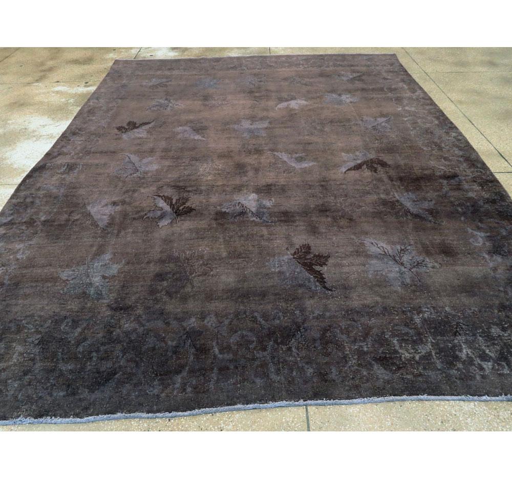Distressed and Overdyed Handmade Persian Mashad Rug in Charcoal In Distressed Condition For Sale In New York, NY