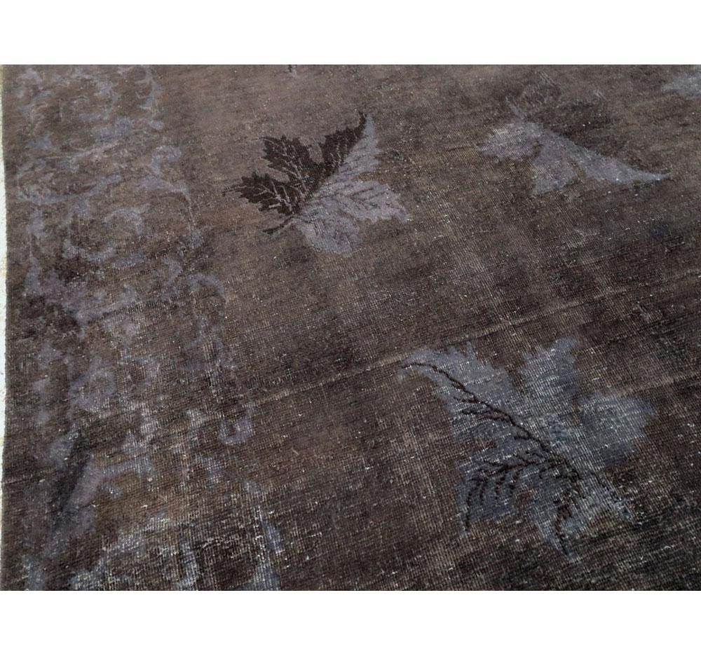 Contemporary Distressed and Overdyed Handmade Persian Mashad Rug in Charcoal For Sale