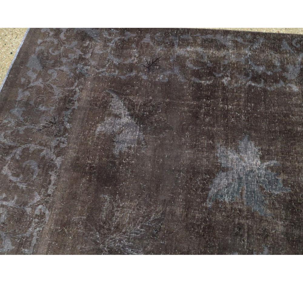 Wool Distressed and Overdyed Handmade Persian Mashad Rug in Charcoal For Sale