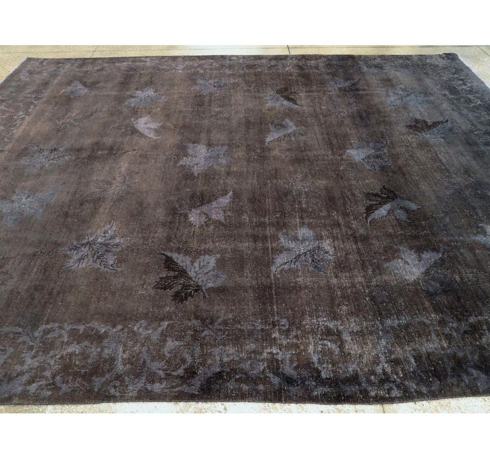 Distressed and Overdyed Handmade Persian Mashad Rug in Charcoal For Sale 2