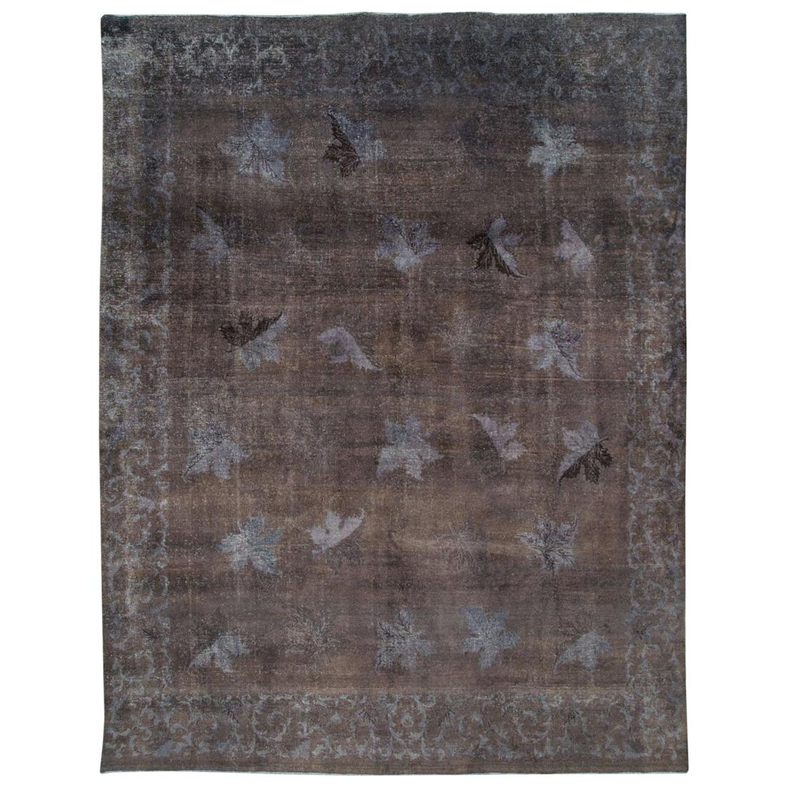 Distressed and Overdyed Handmade Persian Mashad Rug in Charcoal