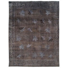 Distressed and Overdyed Handmade Persian Mashad Rug in Charcoal