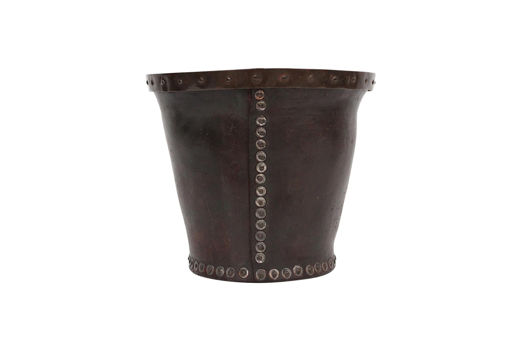 Modern Distressed and Riveted Leather Wastebasket