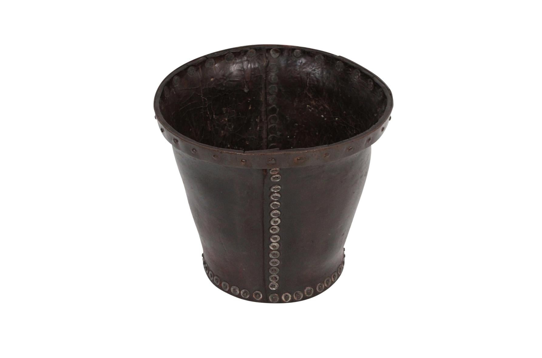 Distressed and Riveted Leather Wastebasket In Good Condition In Waltham, MA