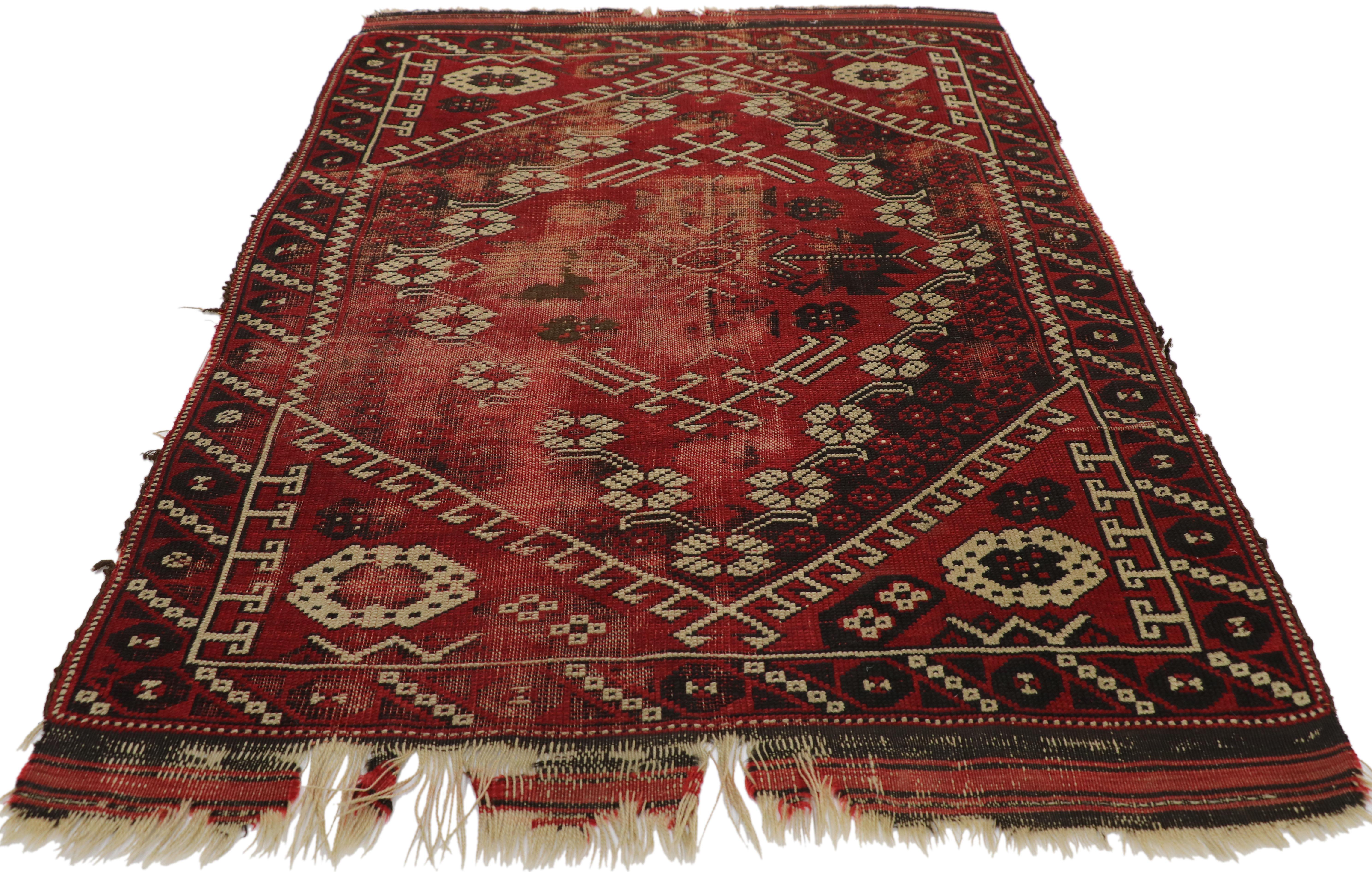 Hand-Knotted Distressed Antique Afghani Rug with with Adirondack Lodge Style For Sale